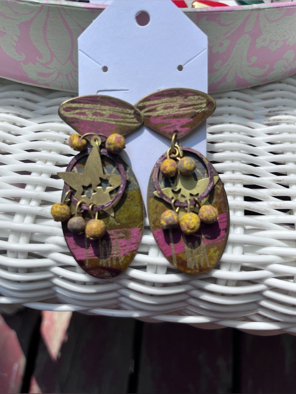 Boho Artisan Hand Painted Dangle Earrings Pink Gold Star Bead Statement